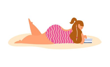 Long hair young chubby woman in swimsuit laying and reading on the beach. isolated on white. Flat vector illustration.のイラスト素材