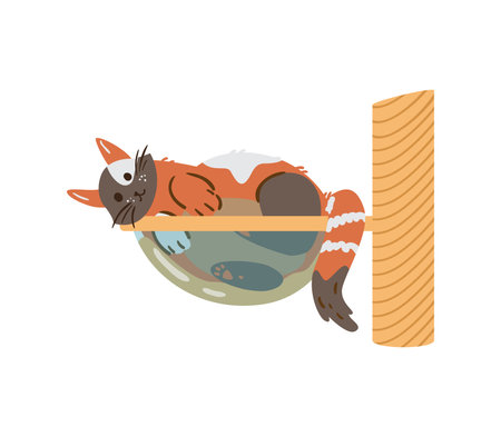 Cute spotted cat laying in visible hammock flat vector illustration. isolated on white.のイラスト素材