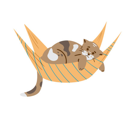 Cute spotted cat laying in hammock flat vector illustration. isolated on white.のイラスト素材