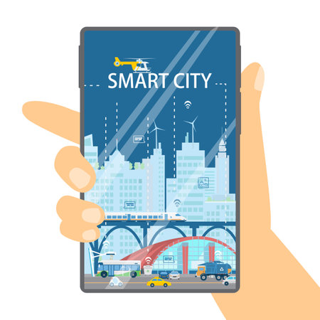 City in your smartphone concept. Hand holding phone with cityscape of smart city. Skyscrapers, high speed train, electro bus, cars, helicopter. Flat vector illustration.のイラスト素材