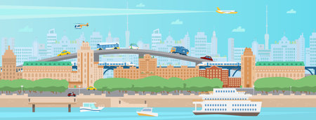Horizontal modern summer city panorama. Cityscape with houses, quay, boats, ferry, train, bridge, cars, trees, helicopter and train, skyscrapers. Flat vector illustration.のイラスト素材