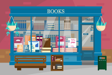 Vector illustration of book shop showcase with lots of books with bench and little bookcase outside. Book shop exterior in flat style.のイラスト素材