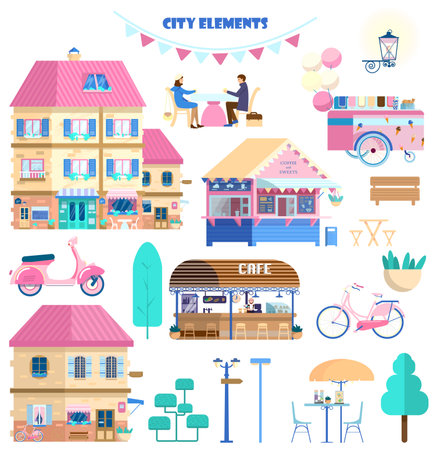 Big vector set of city elements in flat cartoon style. Houses, coffeehouse, couple in a cafe, street food shop, icecream cart, scooter, bicycle, street lights, trees.のイラスト素材