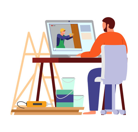 Man Surrounded By Tools And Paint Cans Watching Do It Yourself Builder's Video Blog On Laptop. Flat Vector Illustration. Isolated On White.のイラスト素材