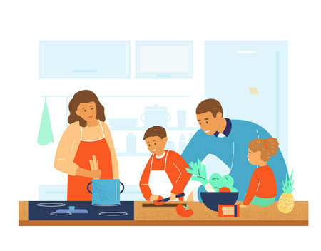 Happy family cooking together in the kitchen. Parents teaching kids to cook. Flat vector illustration.のイラスト素材