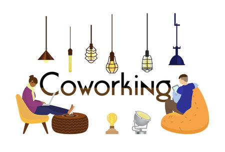 Coworking horizontal concept banner with people working at laptop and tablet. loft lamps. Flat vector illustration.のイラスト素材