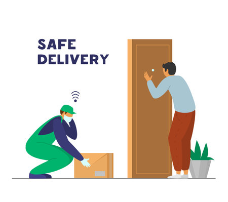 Contactless safe delivery. Courier in protective mask and gloves leaves box near door and inform customer who is looking to spy hole.  Flat vector illustration.のイラスト素材