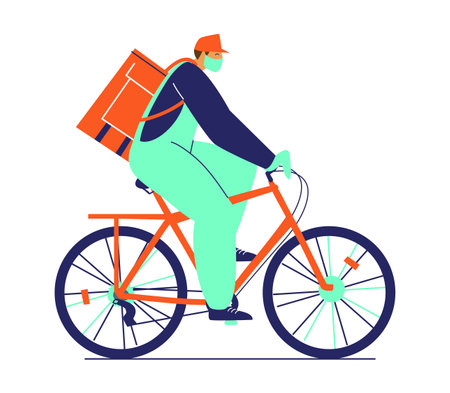 Safe food delivery by bicycle during virus epidemic. Delivery boy in protective mask and gloves on bike with food bag on his back. Trendy flat vector illustration.のイラスト素材