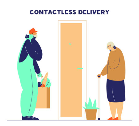 Courier in protective mask and gloves brings food to old lady. Contactless safe food delivery during virus quarantine. Flat vector illustration.のイラスト素材