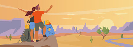 Couple standing on top of sand rock in a desert watching sunset. Desert tourism vector illustration.のイラスト素材