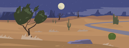 Night desert panoramic landscape with no people vector illustration.のイラスト素材