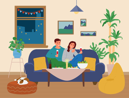 Couple Having Romantic Dinner At Home. Man And Woman Sitting At Table With Snacks On The Couch Holding Glass Of Wine. vector illustration.のイラスト素材