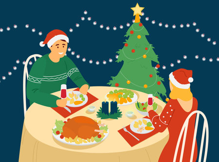 Couple Celebrating New Year Or Christmas Sitting At Table With Christmas Food. vector illustration.のイラスト素材