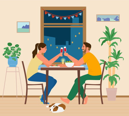 Couple Having Romantic Dinner At Home. Man And Woman Sitting At Table With Snacks Clinking Glasses Of Wine Near Window With Night City. vector illustration.のイラスト素材