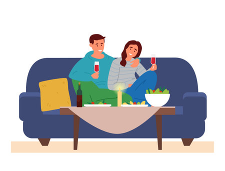 Couple Having Romantic Dinner At Home. Man And Woman Sitting On The Couch At Table With Snacks Rasing Glass Of Wine. vector illustration. Isolated On White.のイラスト素材