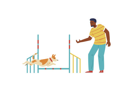 African american man training his Jack Russell Terrier dog on agility field. Dog jumping on agility course. isolated.のイラスト素材