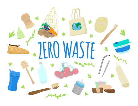 Zero waste concept with durable, reusable and eco friendly items.Bags, menstrual cup, thermo cup, baby bottle, solid soap and shampoo, kitchen brushes,loofah, tooth brush, glass jar, straw,shoe coversのイラスト素材