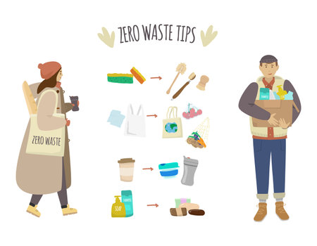 Zero waste tips vector illustration in handdrawn style. ecofriendly characters. Girl with shopping bag with thermocup, boy holding box with sorted plastic. Durable and reusable items.のイラスト素材