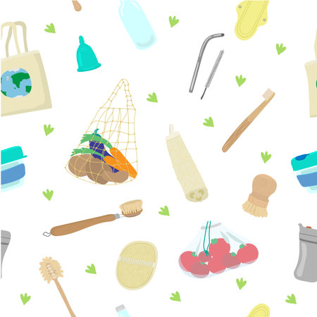 Zero waste concept seamless pattern. Pattern of different durable and reusable items: bags, menstrual cup, thermo cup, kitchen brushes,loofah, tooth brush, glass bottle, metal straw. hand drawn style.のイラスト素材