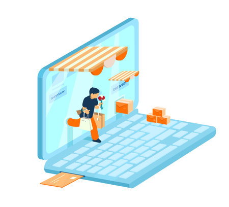 Vector isometric e-commerce concept. Online shopping concept. Man with purchases walks out from laptop.のイラスト素材