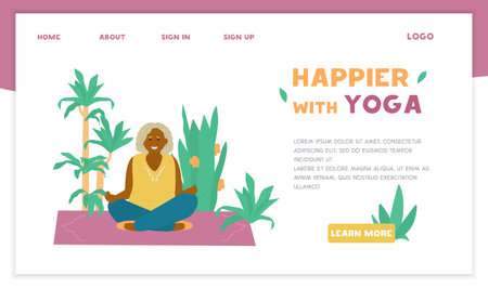 Yoga for seniors vector website template. Smiling afro american old lady meditating on yoga mat surrounded with plants. flat design.のイラスト素材