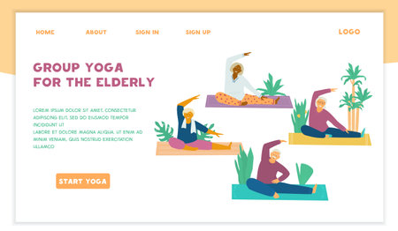 Group Yoga class for seniors vector website template. Different races old people stretching on yoga mats surrounded with plants. Active and healthy retirement.のイラスト素材