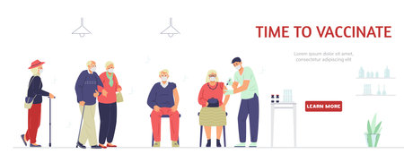 Elderly people vaccination against virus flat vector banner. Senior men and women in face masks getting shot or waiting in line in vaccination center.のイラスト素材