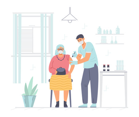 Senior woman getting vaccination shot against virus flat vector illustration. medical cabinet with doctor and patient.のイラスト素材