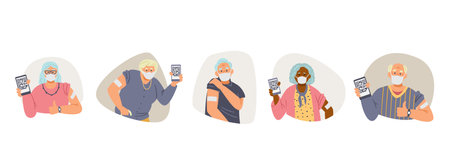 Vaccinated Elderly people flat vector collection. Senior men and women in face masks show hands with patch holding phones with health passport.のイラスト素材