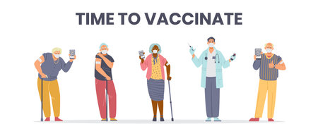 Elderly people vaccination flat vector horizontal banner. Senior men and women in face masks vaccinated holding phones with health passport. Doctor holding vaccine and syringe.のイラスト素材