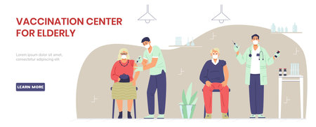 Vaccination center for elderly people against virus vector banner. Senior man and woman getting vaccine shots.のイラスト素材