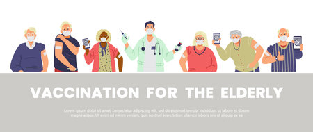 Elderly people vaccination flat vector horizontal banner. Senior men and women in face masks vaccinated holding phones with health passport. Doctor holding vaccine and syringe.のイラスト素材