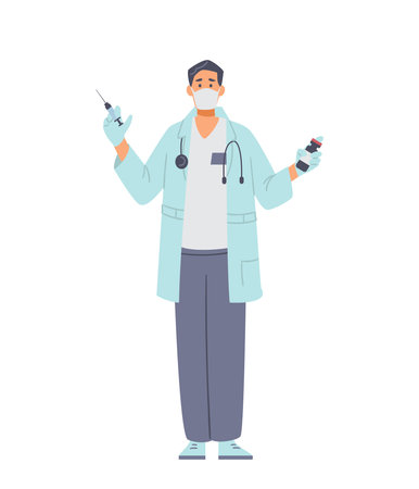 Doctor infectionist in face mask holding vaccine bottle and syringe. isolated on white.のイラスト素材