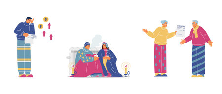 Energy crisis consequences concept vector illustrations set. Rising costs of living. People freezing, receiving enormous energy bills.のイラスト素材