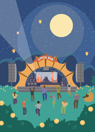 Vector Night Music Festival Open Air. Electronic Music Stage, People Dancing.のイラスト素材