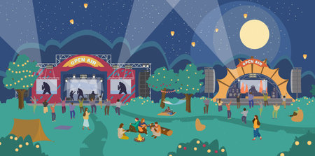 Vector Night Music Festival Open Air. Music Stages, People Dancing, Relaxing, Sitting Near Bonfire.のイラスト素材