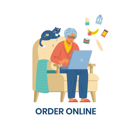 Senior woman grocery shopping online flat vector illustration. Elderly woman sitting in armchair with laptop ordering food online. isolated.のイラスト素材