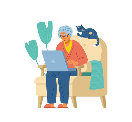 Senior woman at home typing on laptop flat vector illustration. isolated on white.のイラスト素材
