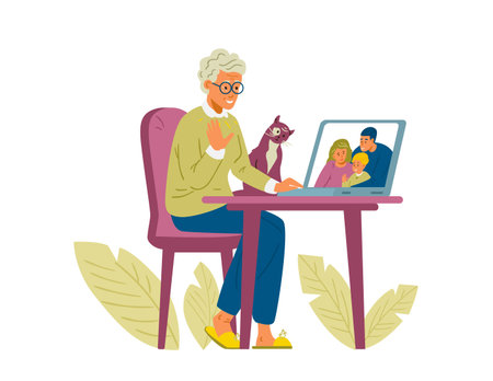 Family video conference flat vector illustration. Senior woman with cat talking to family by video call.のイラスト素材