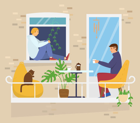Homosexual couple on cozy balcony with coffee table, cat and plants. home activities. House Exterior. Flat vector illustration.のイラスト素材