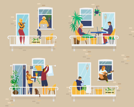 House exterior with people on cozy balconies during quarantine and doing different activities: studying, playing guitar, working, doing yoga, laundry, reading. neighborhoods. Flat vector illustration.のイラスト素材