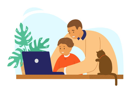 Homeschool or online education. Dad or tutor with child and cat sitting in front of laptop learning. Flat vector illustration.のイラスト素材