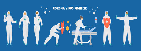Coronavirus fighters. Set of doctors in protective overalls, masks, glasses and gloves in different poses, with shield and medical bed. Flat vector illustration.のイラスト素材