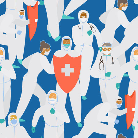 Doctors in protective overalls and masks with red shield saving the world seamless pattern. Coronavirus fighters. Flat vector illustration.のイラスト素材