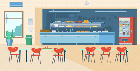 School Canteen Interior. Kitchen, Vending Machine, Trash Can, Tables With Chairs, Menu, Hand Sanitizer. Flat Vector Illustration.のイラスト素材