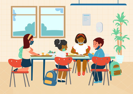 Different Races Elementary School Pupils In Protective Masks Having Lunch In School Cafeteria. New Normal Education Concept.  Flat Vector Illustration.のイラスト素材