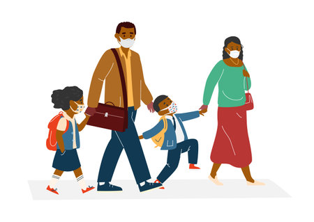 Afro American Parents With Children In Protective Masks Going To School. Back To School During virus Pandemic Concept. Primary School Pupils In Uniform. Flat Vector Illustration.のイラスト素材