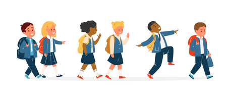 Group Of Smiling Kids Different Race In School Uniform With Backpacks Walking. Primary School Pupils. Flat Vector Illustration.のイラスト素材