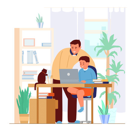 Dad Or Tutor Teaching Son At Home. Homeschool Concept. Working Place Interior. Flat Vector Illustration.のイラスト素材