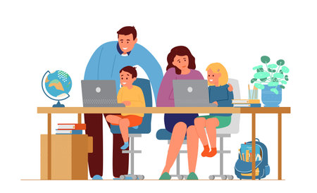 Parents Making Homework With Children In Front Of Laptops. Online Education Or Homeschooling Concept. Flat Vector Illustration. isolated on white.のイラスト素材